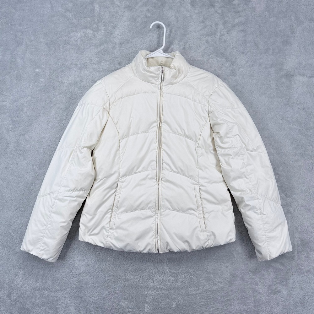 Eddie Bauer Premium Goose Down Puffer Jacket Women Medium White Quilted Full Zip